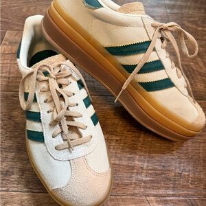 adidas Cream Suede Sneakers with Green Stripes and Gum Sole